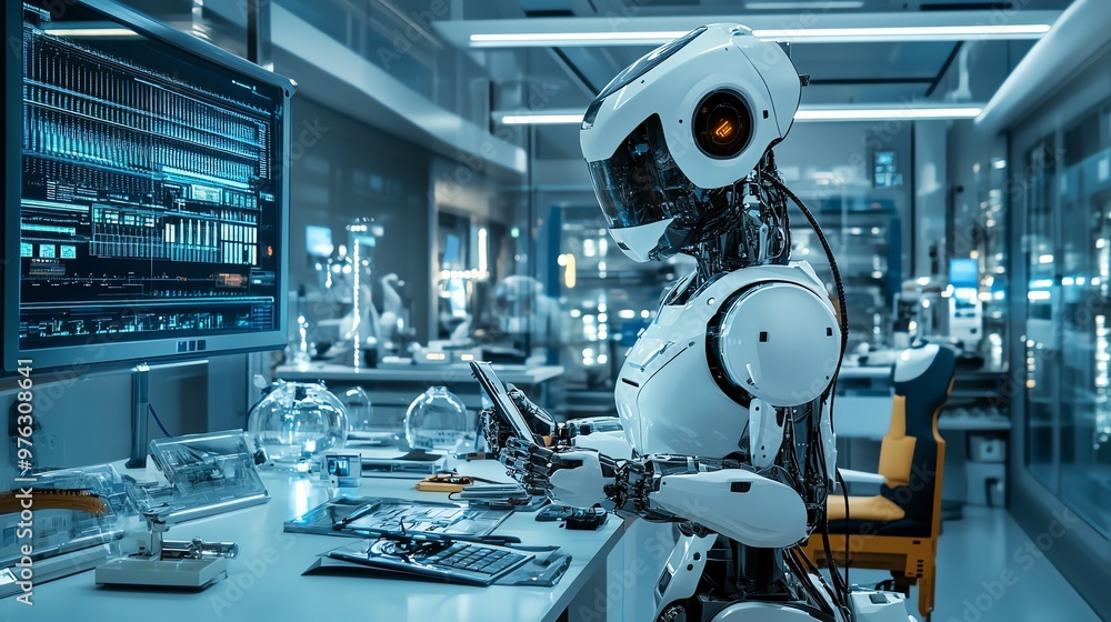 Poster a humanoid robot works at a computer in a futuristic laboratory.