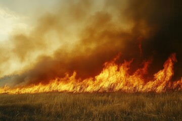 Wildfire rapidly spreading through a dry field, intense heat and flames engulfing the landscape, smoke filling the sky