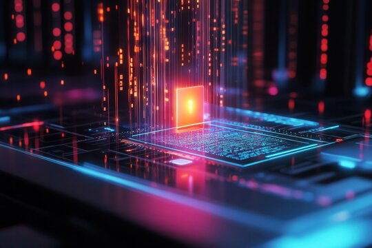 A 3D hologram of a computer system being manipulated by a hacker, glowing backdoor entry point appearing, data breach imminent