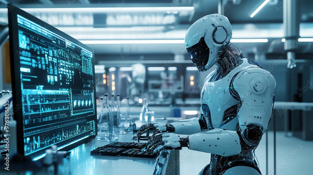 Poster a white humanoid robot works at a computer in a high-tech laboratory.
