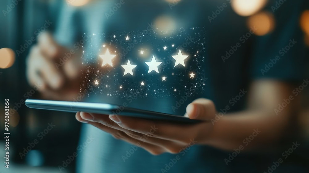 Poster a smartphone emits stars, representing high user ratings and satisfaction with applications in the d