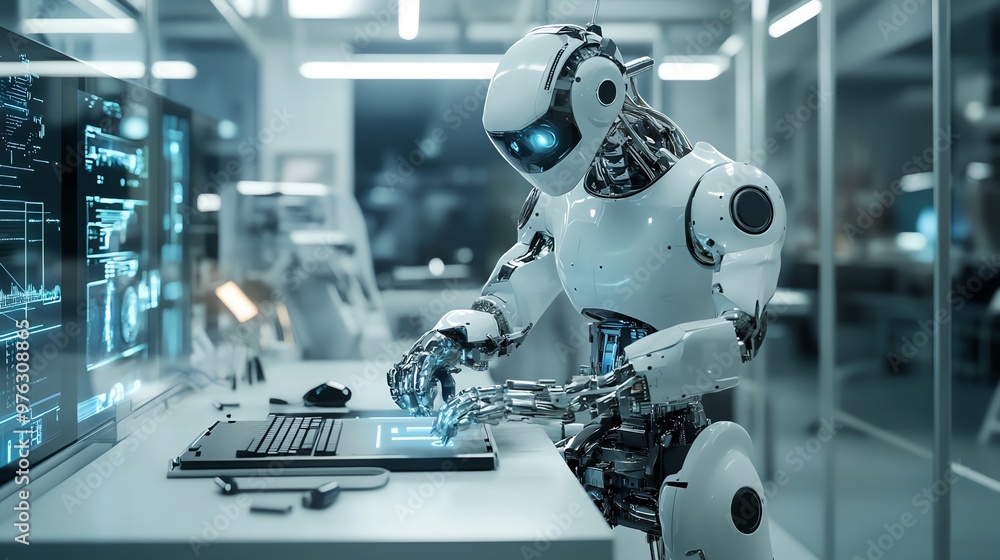 Poster a white robot is using a laptop in a futuristic lab.
