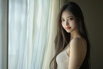 Fototapeta premium Asian beauty, long hair, skin tone in beige tones, wearing a light-colored, tight dress, full-body photo
