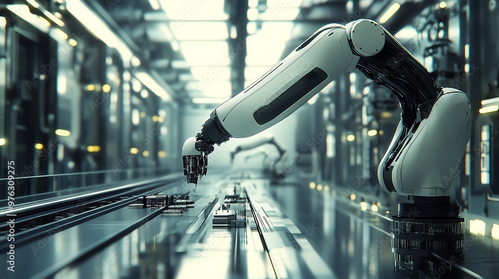 Poster robotic arm working on an assembly line in a futuristic factory.