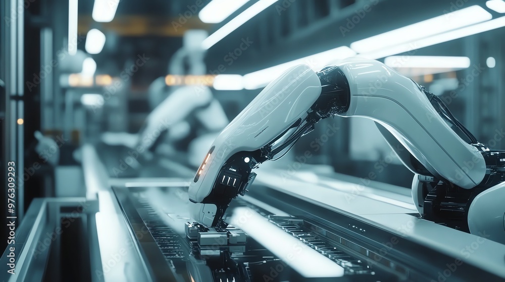 Poster close up of a robotic arm working on an assembly line.