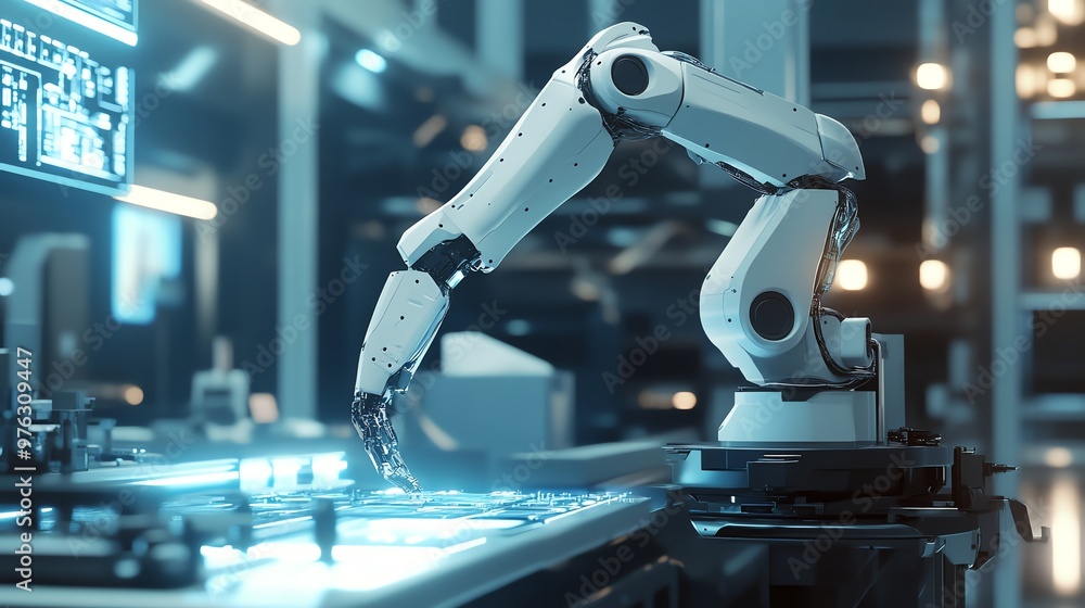 Poster robotic arm working on an assembly line in a modern factory.