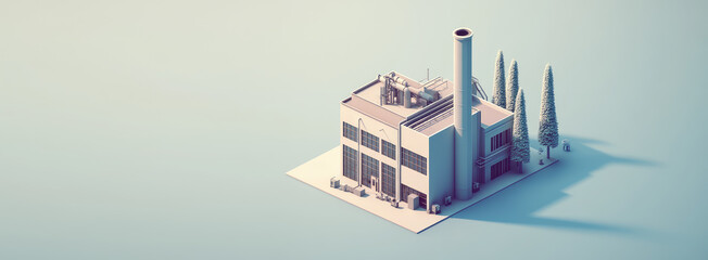 Fototapeta premium Isometric 3d icon of Architecture of manufactures house on flat color background with Copy space, creative banner template for industrial working plants with chimney tower or pipes