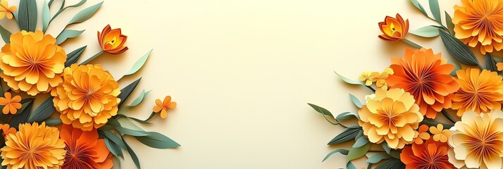 Obraz premium Diwali Wreath with Paper-Cut Marigold Blooms and Diyas, Set Against a Soft Cream Background