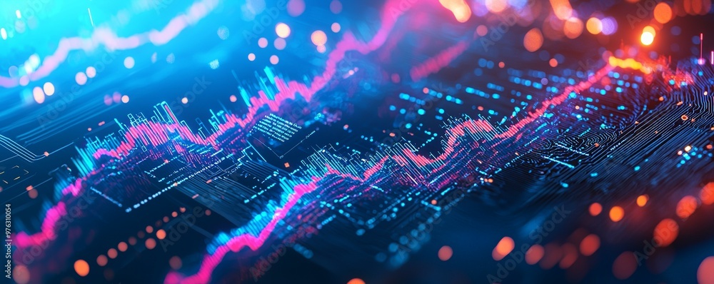 Poster digital technology background with glowing stock market charts and data curves
