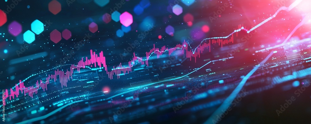 Poster digital technology background with glowing stock market charts and data curves