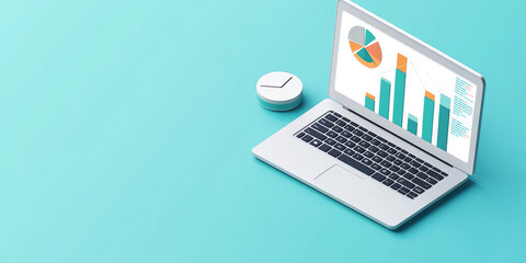 Isometric 3d icon of business graph and analytics data on laptop on flat color background with Copy space, creative banner template for financial strategy, Online statistics 