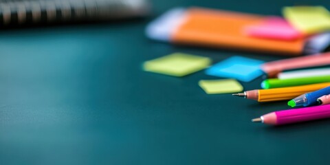 A neatly arranged selection of colorful pens and sticky notes lies on a desk. The vibrant colors emphasize creativity and organization in an office or school setting.