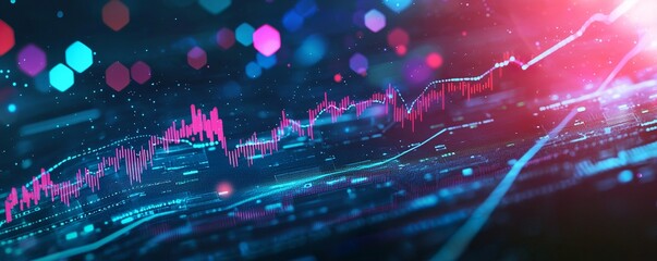 Digital technology background with glowing stock market charts and data curves