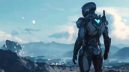 A futuristic soldier in a white and black suit stands on a desolate alien landscape looking at a battle in the distance.