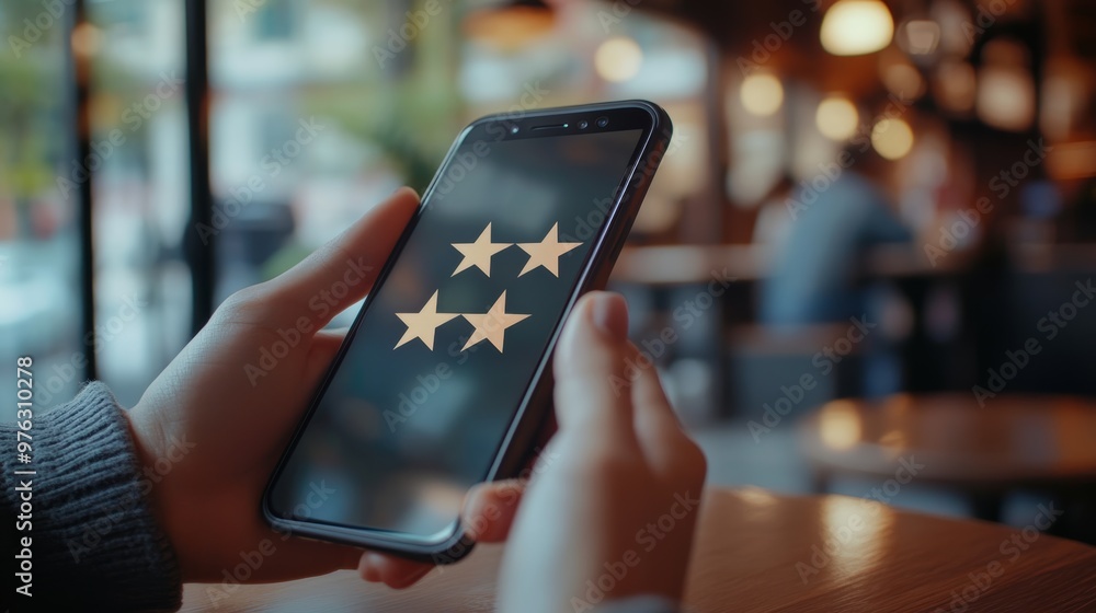 Poster hand holding smartphone with star ratings in a cozy caf\'e9 environment. perfect for concepts of con
