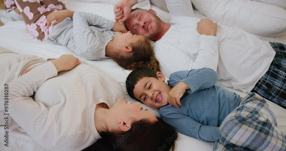 Canvas Prints Top view, tickle and happy family in a bed with love, care and fun, bond or games in their home. Above, smile and kids in a bedroom with mom, dad and support, security and playing in weekend freedom