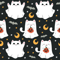 Cute halloween seamless pattern with ghost cats, jack o'lantern pumpkins, crescent moon, bats, stars on black background