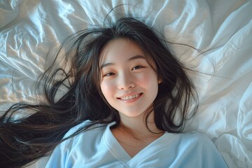 Portrait photography depicts an Asian girl lying on a bed, with delicate features and long hair.