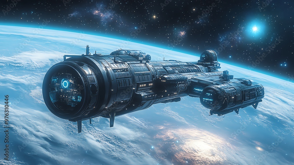Poster a large spaceship flies over a planet with stars in the background.