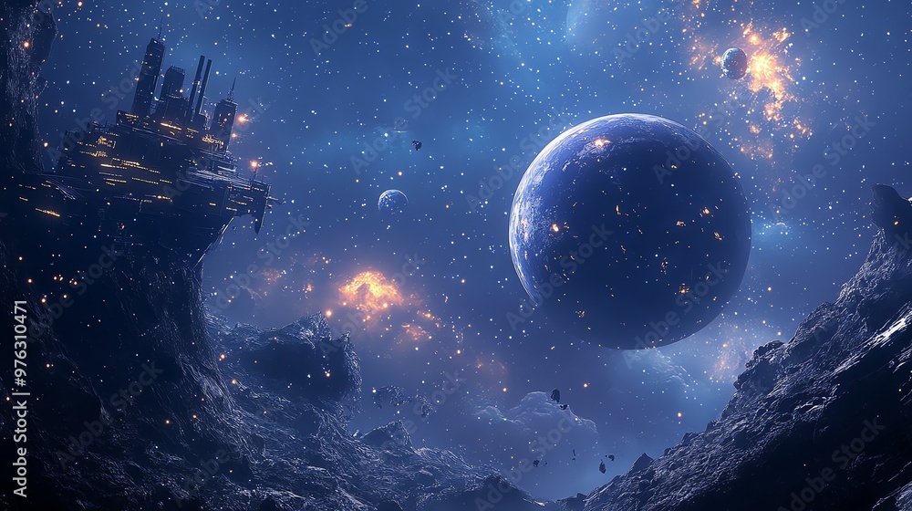 Poster a futuristic space station built on an asteroid in a vast, starry nebula.