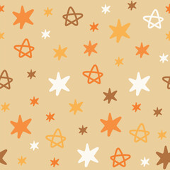 Seamless cute vector pattern with hand drawn colorful stars on beige background