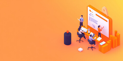 Isometric 3d icon of Corporate people working together on flat color background with Copy space, creative banner template of Expert team for Data Analysis, Business Statistic. 