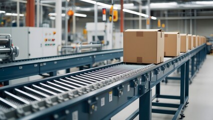 Fototapeta premium Conveyor line with carton boxes side view, industrial processing production belt, automated manufacturing engineering equipment on factory area blurred background