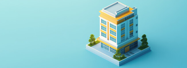 Fototapeta premium Isometric 3d icon of real estate house building on flat color background with Copy space, creative banner template for of a new building, apartment complex or hotel. 