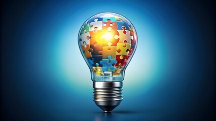 Fototapeta premium A colorful light bulb filled with puzzle pieces, symbolizing creativity and innovation in problem-solving.