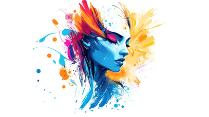 Obraz premium Vibrant Abstract Portrait of a Woman in Blue and Yellow Paint Splashes, Representing Creativity and Expression Through Art