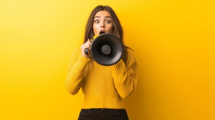 Obraz premium Woman with a megaphone against a vivid yellow background, announcing Black Friday sales. Urgency and excitement of holiday shopping.