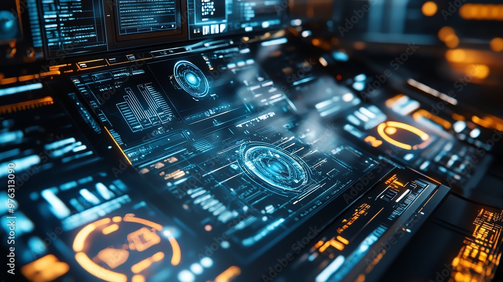 Poster close-up of a futuristic computer interface with glowing blue and orange lights.