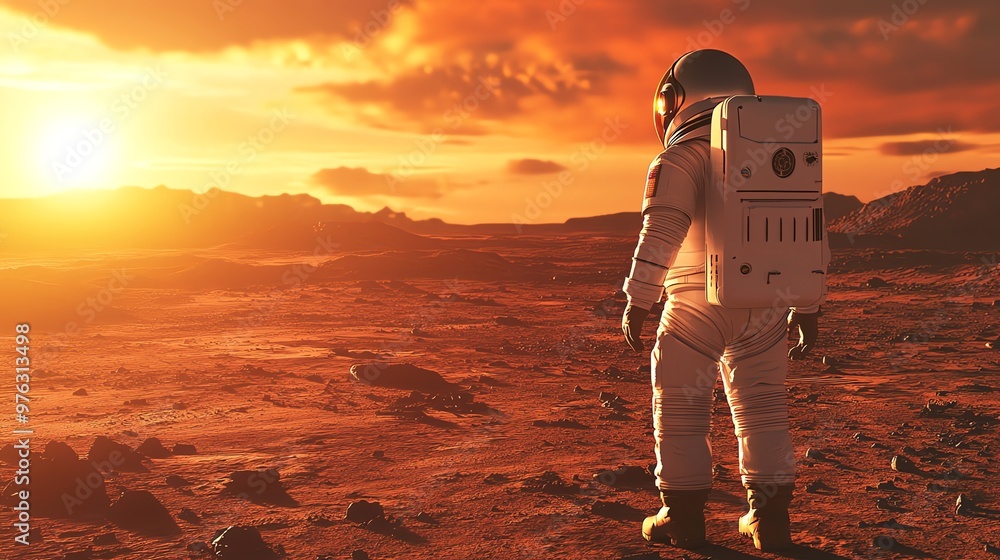 Poster astronaut stands on a red planet with the sun setting behind them.