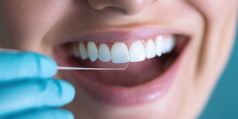 A detailed close-up shot showing a person using dental floss for oral hygiene, highlighting the importance of maintaining healthy teeth and gums through regular flossing.