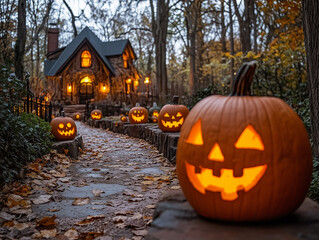 Halloween pumpkin on halloween. A jack-o'-lantern-lit pathway leading to a haunted house