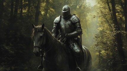 Fototapeta premium A lone knight in full armor rides through a misty forest on horseback.