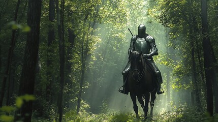 Fototapeta premium A knight in shining armor rides through a sunlit forest on horseback.