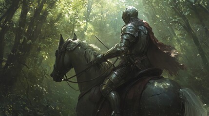 Fototapeta premium A knight in shining armor rides through a dark and mysterious forest, his horse's mane flowing in the wind.