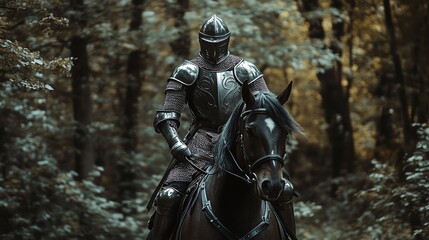 Fototapeta premium A knight in full armor rides a black horse through a forest.