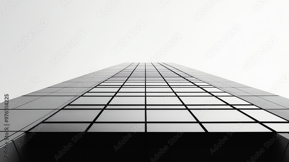 Poster a low-angle black and white photograph of a skyscraper with a grid pattern of windows.