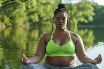 Fototapeta premium Plus-size young woman meditating peacefully on a mat beside a serene lake