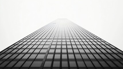 A black and white photo of a towering skyscraper, shot from a low angle.