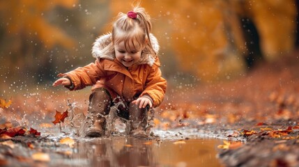 Happy kid in warm clothes splashing in puddle during autumn. Fun and adventure for children outdoors.