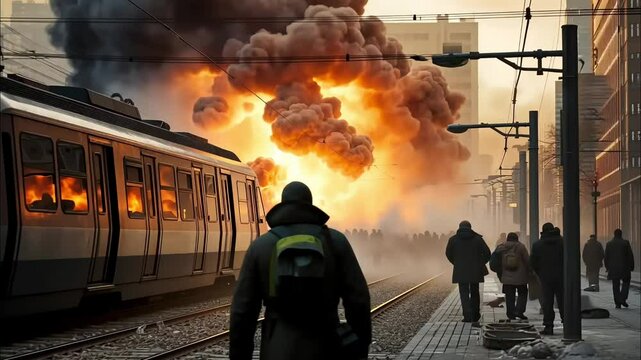 Explosion near a train station, people running away from the fireball, smoke rising
