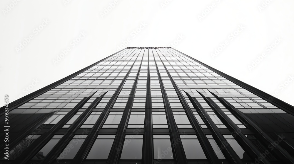 Poster a black and white image looking up at a tall skyscraper with many windows.