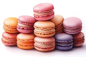 Fototapeta premium Watercolor illustration of pastel macarons stacked in a pyramid shape