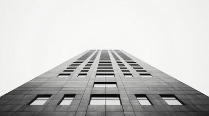 Black and white photo of a skyscraper taken from a low angle, emphasizing its height and the repeating pattern of windows.