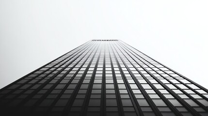A low angle shot of a tall skyscraper in black and white.