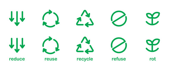 Recycling eco icon set. Green icon  of Reduce, reuse, recycle, reject and decompose. Recycle cycle arrow icon set. Recycle eco icon vector illustration on transparent background. Flat icon. Eps10.