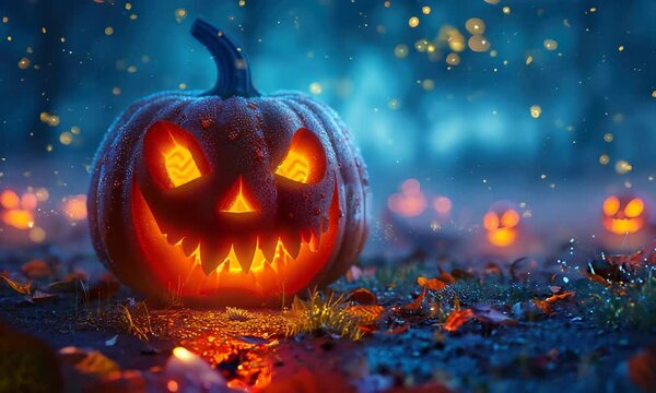 Explore the enchanting pumpkin patch illuminated by glowing Jack-o'-lanterns at dusk